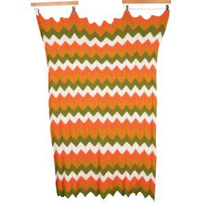 Chevron Afghan Throw Blanket VTG Orange Green Yellow Crochet Zigzag 70s 80s
